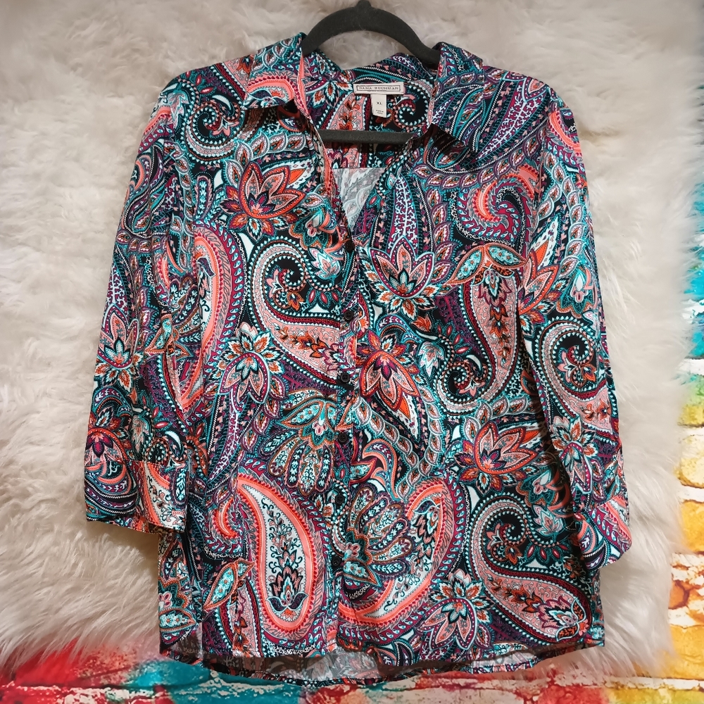 Dana Buchman Multicolor Pattern Long Sleeve Button Down Top Size XL